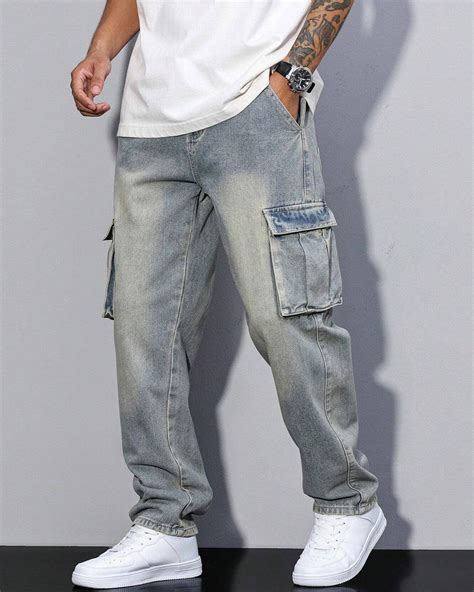 Men Casual Street Flap Pocket Loose Straight Leg Cargo Denim Jeans, Pl ...