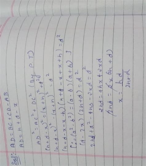 In right triangle ACD, AB+AD=BC+CD. If AB=x, BC=h and CD= d., then x ...