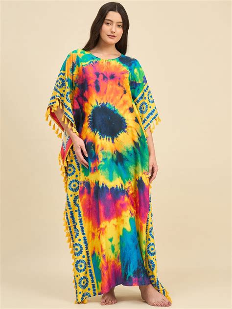 Multicolor Burst Tie-Dye Printed Cotton Kaftan with Yellow Tassel Edge ...
