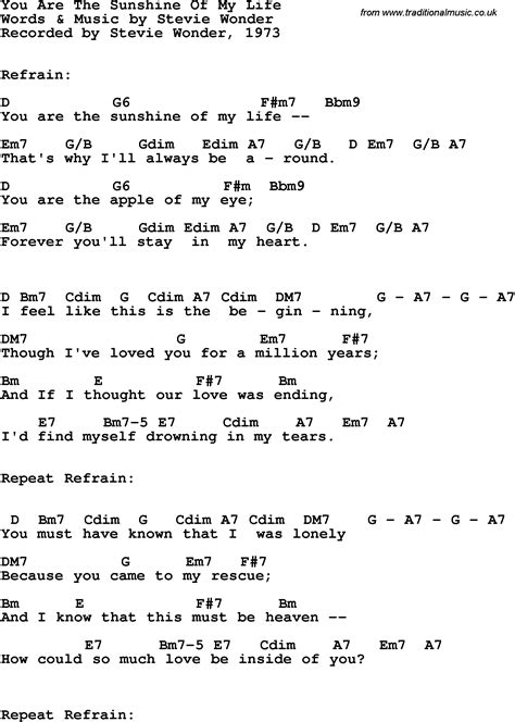 Song lyrics with guitar chords for You Are The Sunshine Of My Life ...