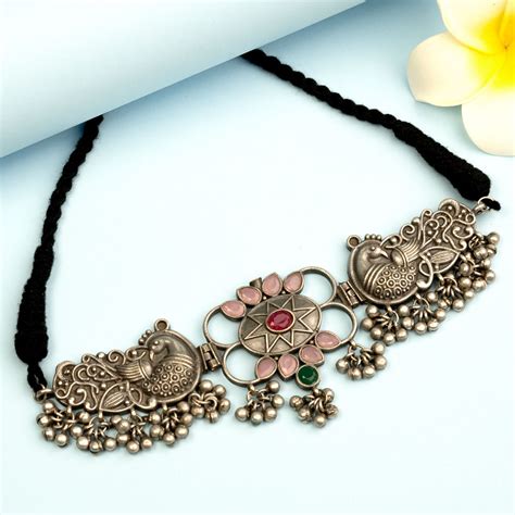 Party Wear Peacock Oxidised Silver Look Choker Necklace with AD Stones ...
