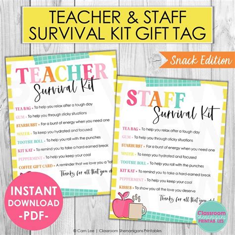 Teacher Survival Kit Printable | Teacher Staff Appreciation Gift Tag | Candy Edition Gift Tag ...