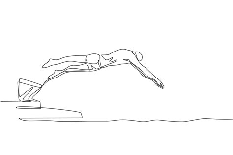 One single line drawing of young sporty fit swimmer jump to practice ...