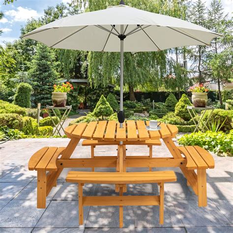 Amazon.com: Goujxcy 8 Person Wood Picnic Table, Outdoor Round Picnic ...