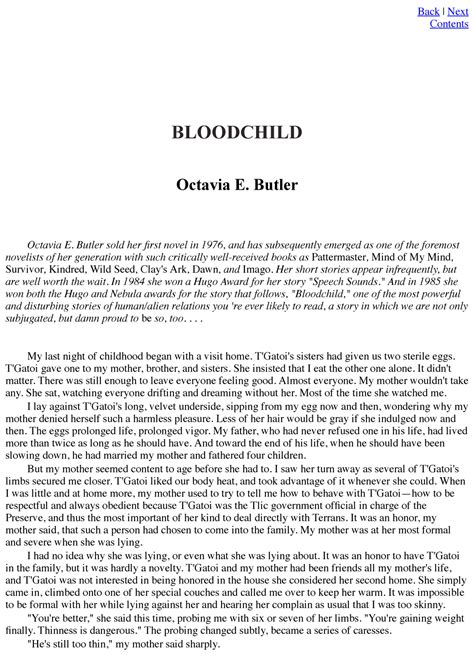 Octavia Butler- Bloodchild - Back | Next Contents BLOODCHILD Octavia E. Butler Octavia E. Butler ...