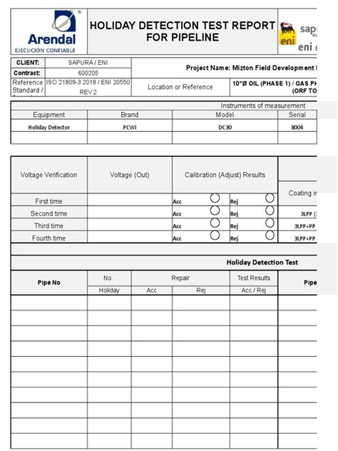 Image result for Coating Holiday Testing Form.pdf Template