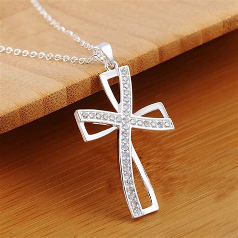 925 Sterling Silver Women Cross Necklace Crystal Chain Jewelry ...