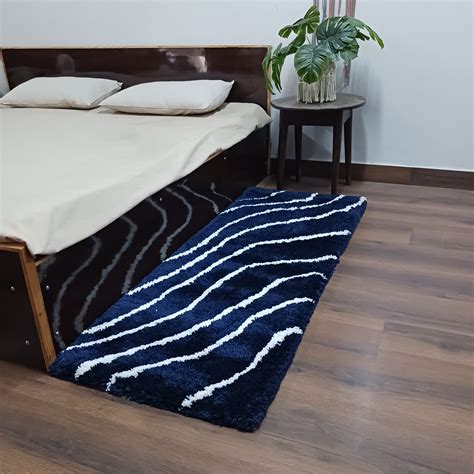 Handloom Shaggy Navy Carpet With White Wave Design /Bedside Runners by ...