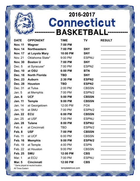 Uconn Basketball Printable Schedule
