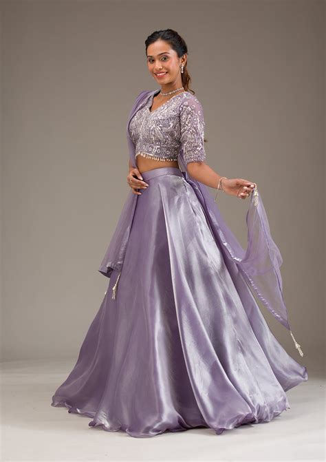 Buy Lavender Stonework Semi Crepe Readymade Lehenga - Koskii