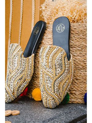 Buy NR BY NIDHI RATHI Sequined Gold Mules (Euro 41) Online