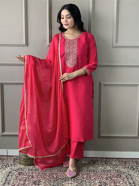 Shop Rani Pink Chanderi Silk Function Wear Pant Suit From Ethnic Plus