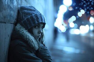 Homelessness in the city a glimpse of a homeless girl on a dark and ...