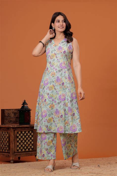 Elegant Green Floral Printed A-Line Kurti with palazzo set – Aperture Store