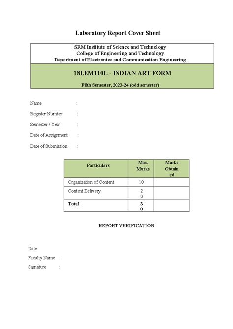 Indian artform coversheet - Laboratory Report Cover Sheet SRM Institute ...