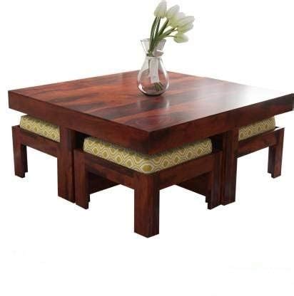 Khezzart Solid Sheesham Wood Coffee Table With 4 Stool | Square Centre ...