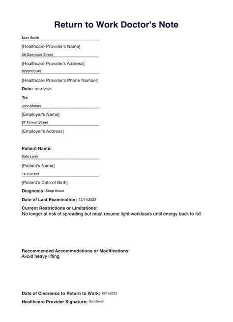 Return To Work Doctors Note Template & Example | Free PDF Download