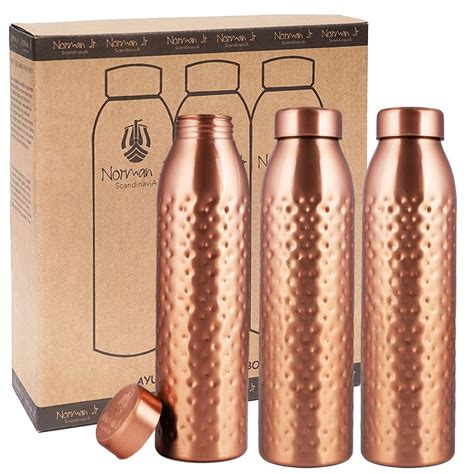 Buy NORMAN JR, Copper Water Bottle 1L - Gift Box of 3, Hammered, an ...