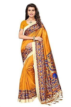 Buy Shree ramnath Women's Art Silk Printed Kalamkari Saree Jhalar With ...