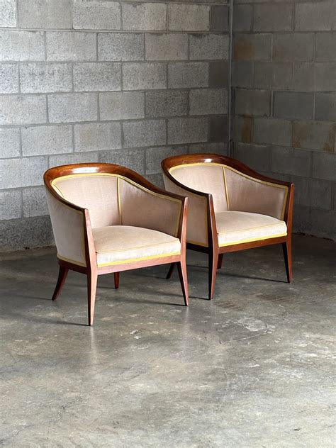 Mid Century Modern Curved Back Arm Chairs Walnut Accents After Harvey ...