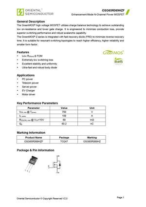 OSG65R069H4SZF MOSFET Datasheet pdf - Equivalent. Cross Reference Search
