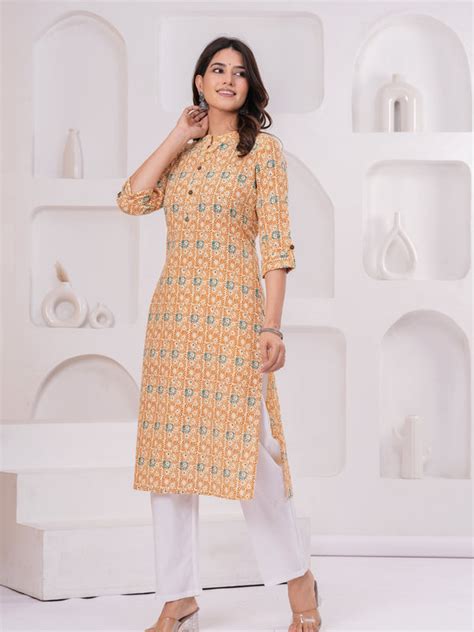 Stylish Yellow Katha Print Long Kurta – Breathable Cotton – Indolady