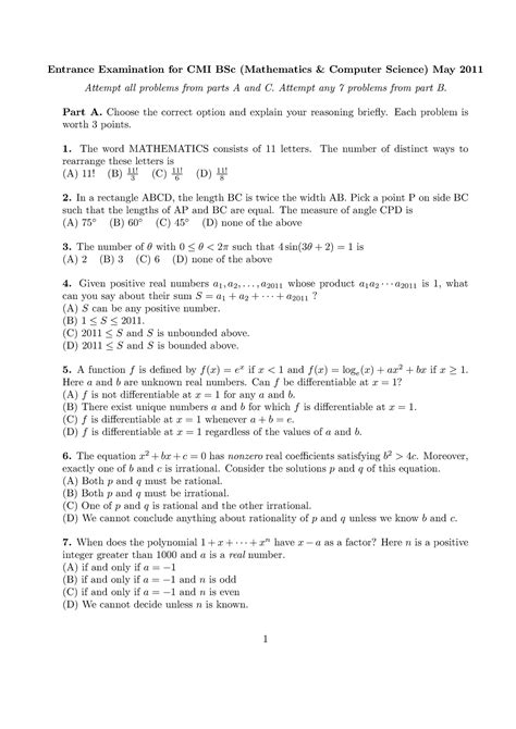 Ugmath 2011 - Entrance Examination for CMI BSc (Mathematics & Computer ...