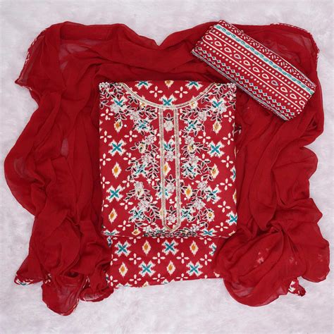 Red Printed With Embroidered Cotton Blend Dress Material