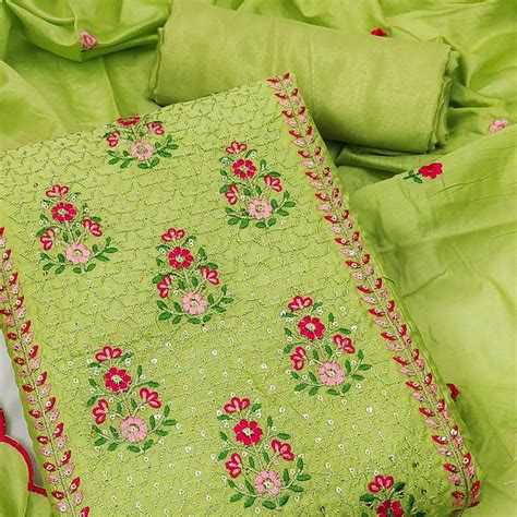 Green Floral Embroidered Chanderi Dress Material
