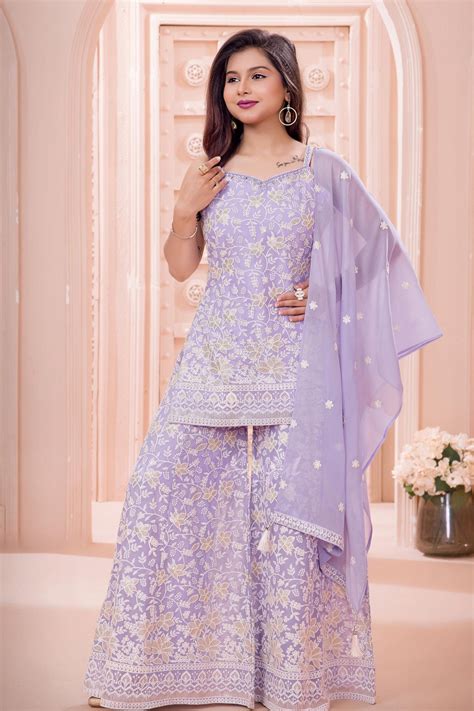 Purple Sequins Work With Thread Embroidery Palazzo Set For Girls ...