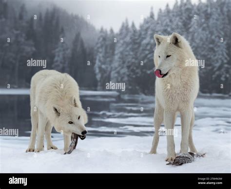 two polar wolves eat their prey in the forest Stock Photo - Alamy