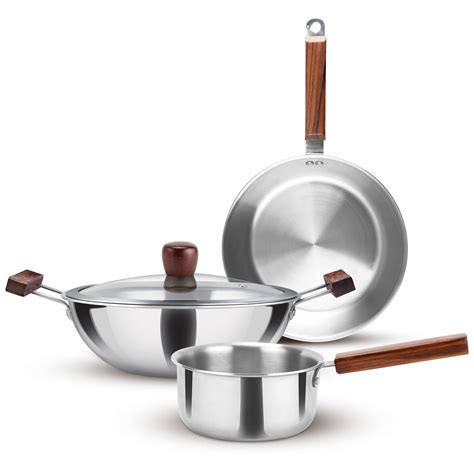 Triply 4Pc Set Sauce Pan/Frying Pan/Kadhai W Gls Lid Wooden Handle (Mi ...