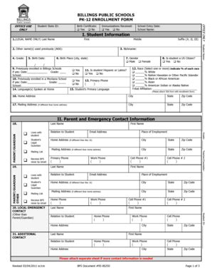 Fillable Online BILLINGS PUBLIC SCHOOLS PK-12 ENROLLMENT FORM Student ...