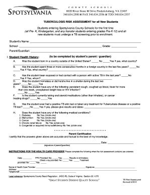 Fillable Online TB Risk Assessment Form - bspotsylvaniak12vausb Fax ...