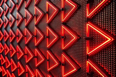 Pattern of arrows illuminated red neon lighting on a black wall panel ...