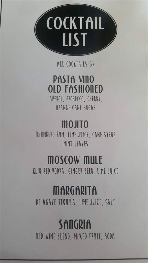 Menu at Pasta Vino pub & bar, Sister Bay