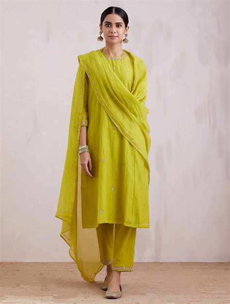 Naqsh Lime Green Chanderi Kurta Set for Women – All Sizes | Barahmasi