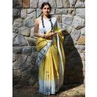 Yellow Hand Block Printed Cotton Mulmul Saree