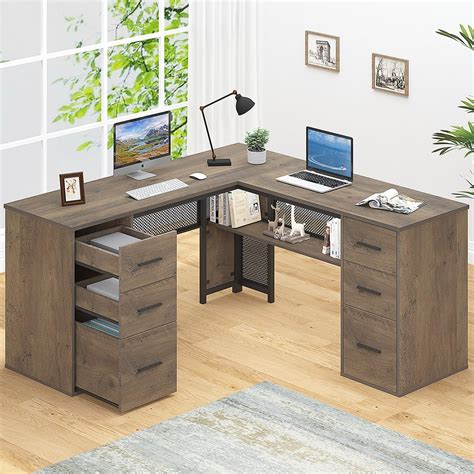 Amazon.com: HSH Large L Shaped Home Office Desk with Drawers, Rustic L ...