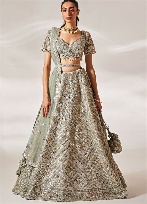 Grey Green Mirrorwork Organza Lehenga Set - Studio Iris- Fabilicious ...