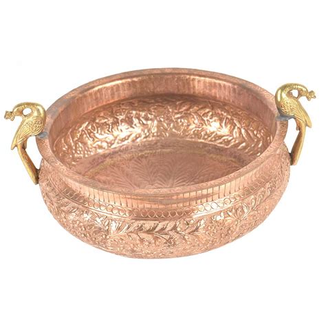 Copper Urli With Brass Peacock Handle With Fine Engraving