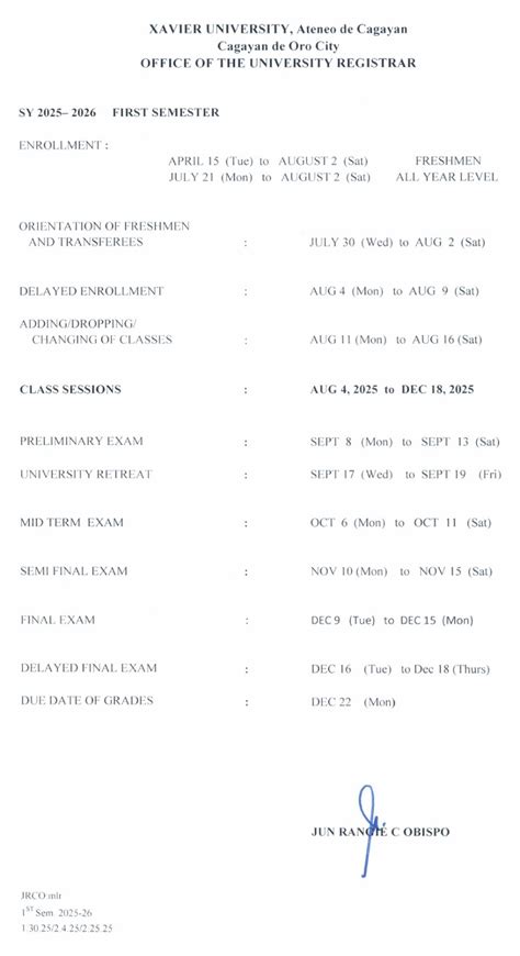 Xavier University - Higher Education School Calendar