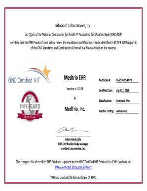 Fillable Online certifies that the EHR Product listed below meets the ...