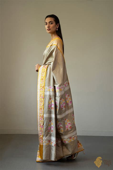 Taupe Grey-Yellow Pure Katan Silk Banarasi Handloom Saree - Tilfi