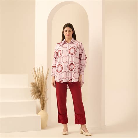 Pink And Red Maa Print Shirt for Women – Cotton Satin | First Resort by ...