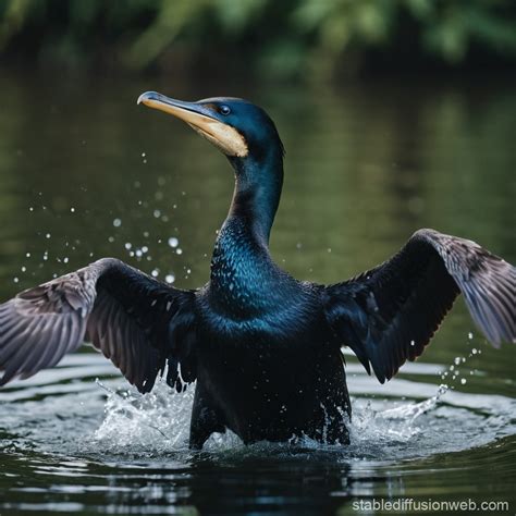 a close up of a authentic blue eyed brandt s cormorant diving under water after a fish Prompts ...