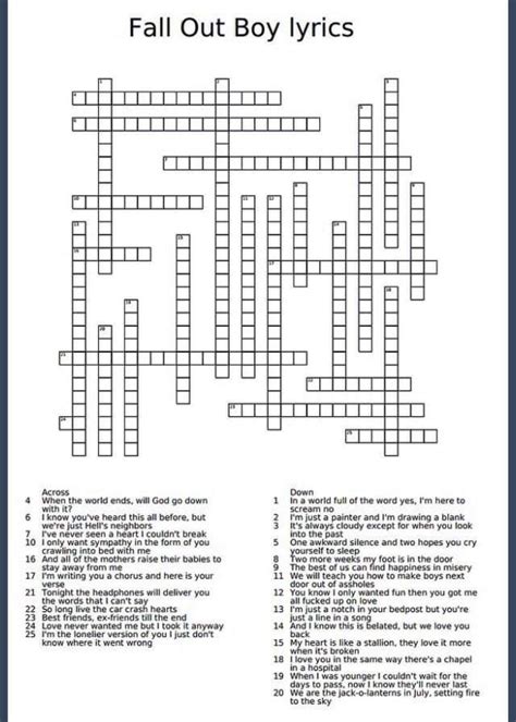 Fall Out Boy Lyrics Crossword Puzzle