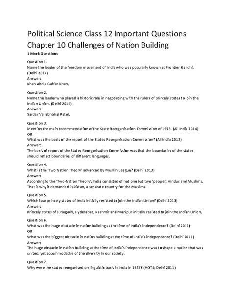 Challenge OF Nation Building PYQ 220728 133654 - Political Science ...