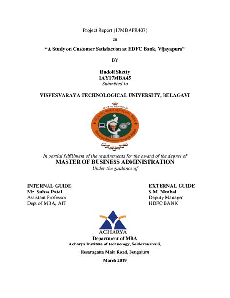 A Project Report on Customer Satisfaction at HDFC Bank (17MBAPR407 ...