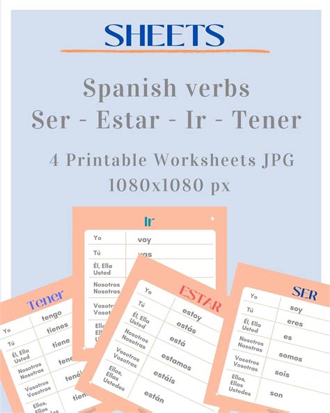 Spanish Verbs Present Tense Indicative: Ser-estar-ir-tener 4 Worksheets ...